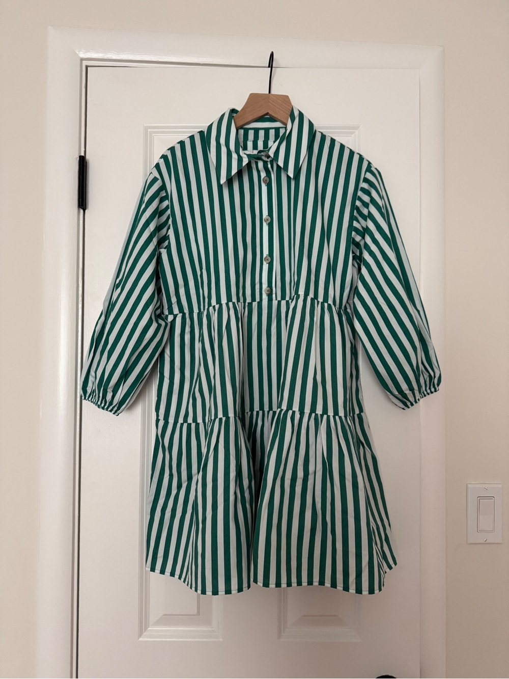 NWT Anthropologie Maeve THE BETTINA TIERED MINI SHIRT DRESS Green Stripes XXSP